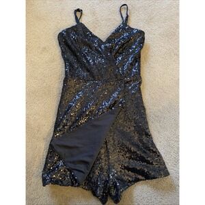 WINDSOR BLACK SEQUIN WRAP-FRONT ROMPER HIGH WAIST FITTED SHORTS SIZE XS‎